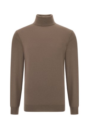 Brauner Rollkragenpullover aus glattem Strickstoff, mit langen Ärmeln und gerippten Bündchen und Saum. Einfaches, nahtloses Design ohne Muster.