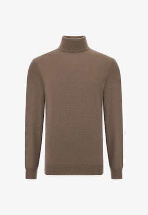 Hnedý rolák v hladkej úplete, s dlhými rukávmi a rebrovanými manžetami a spodným lemom. Jednoduchý, bezšvový dizajn bez vzorov.