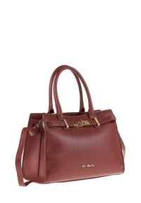 Bruine handtas van textuurleer met dubbele handgrepen, vergulde sluiting en verwijderbare schouderriem.