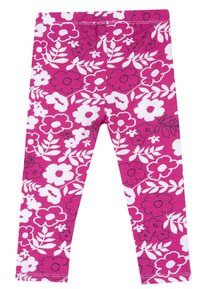 Leggings rosa con un motivo floreale che presenta fiori bianchi e rosa scuro e foglie verdi. Tessuto morbido e elasticizzato con vita elastica.