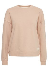 Felpa rosa chiaro con collo rotondo, spalle scese e polsini a costine. Texture liscia e branding discreto sull'orlo.
