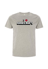 Šedé tričko s kulatým výstřihem a krátkými rukávy. Na přední straně je nápis "I ♥ MINECRAFT" v černém a pixelovaném červeném písmu. Materiál: bavlna.