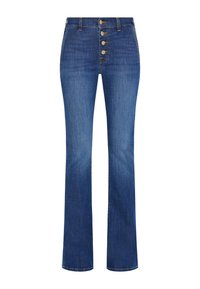 Jeans svasati a vita alta in denim blu scuro. Presentano una chiusura a cinque bottoni, dettagli di cucitura e orlo rifinito.