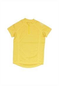 Gelbes kurzärmliges Radtrikot aus atmungsaktivem Material, ausgestattet mit einem halben Reißverschluss und einem abgerundeten Saum für zusätzlichen Komfort.