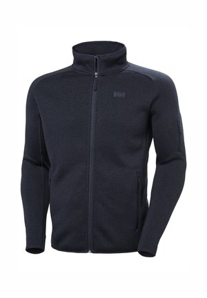 Chaqueta polar para hombre de color azul marino oscuro con cremallera completa, cuello alto, bolsillos con cremallera en los costados y en la manga, y un discreto logo en el pecho.
