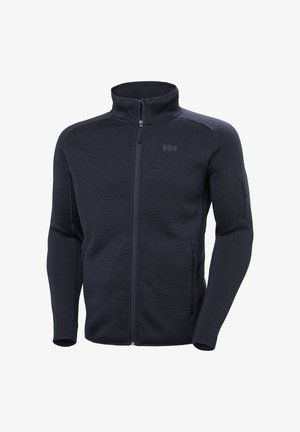 Chaqueta polar para hombre de color azul marino oscuro con cremallera completa, cuello alto, bolsillos con cremallera en los costados y en la manga, y un discreto logo en el pecho.