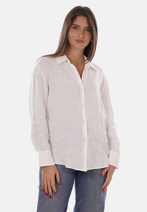 Mujer con cabello largo y marrón, vestida con una camisa blanca de manga larga abotonada y vaqueros azules, de pie frente a un fondo claro y liso.