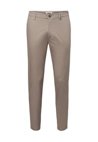 Light tan chinos made of smooth fabric. Features a button closure, front pockets, and a tapered fit with a clean, streamlined design.