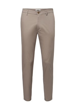 Helle beige Chinos aus glattem Stoff. Sie verfügen über einen Knopfverschluss, Fronttaschen und eine schmal zulaufende Passform mit einem klaren, schnittigen Design.