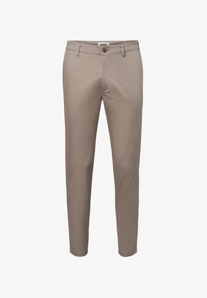 Helle beige Chinos aus glattem Stoff. Sie verfügen über einen Knopfverschluss, Fronttaschen und eine schmal zulaufende Passform mit einem klaren, schnittigen Design.
