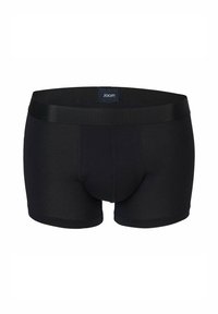 Boxer shorts neri in cotone con design aderente, dotati di una cintura con logo e texture liscia, cuciture in evidenza, senza fantasie.