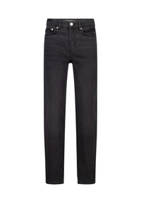 Jeans ajustados negros con cinco bolsillos y cierre de botón, presentados sobre un fondo blanco.