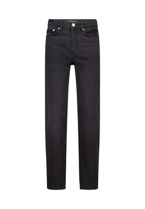Schwarze Slim-Fit-Jeans mit fünf Taschen und Knopfverschluss, auf einem weißen Hintergrund gezeigt.