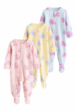 Drei pastellfarbene Baby-Strampler mit Aufdrucken von pinken Welpen, blauen Hasen und pinken Katzen, von vorne nach hinten angeordnet.