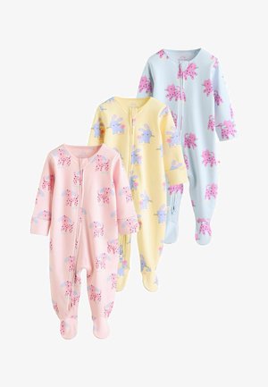 Három pasztell színű baba body, melyeken rózsaszín kiskutyák, kék nyuszik és rózsaszín macskák vannak nyomtatva, elölről hátrafelé rendezve.