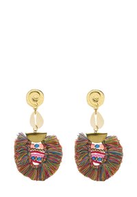 Kolorowe kolczyki z chwostami, z złotym wykończeniem, z półokrągłym szczytem, kremowymi akcentami oraz bogatymi detalami z koralików w żywych odcieniach.