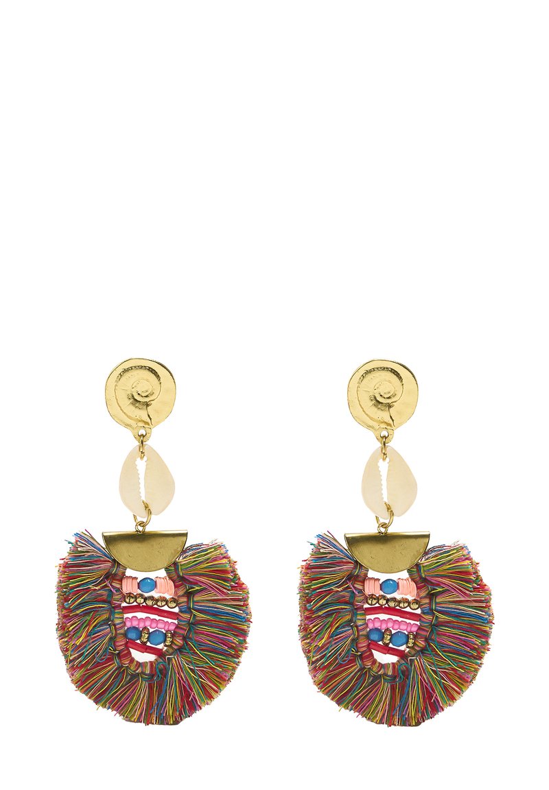 Kolorowe kolczyki z chwostami, z złotym wykończeniem, z półokrągłym szczytem, kremowymi akcentami oraz bogatymi detalami z koralików w żywych odcieniach.