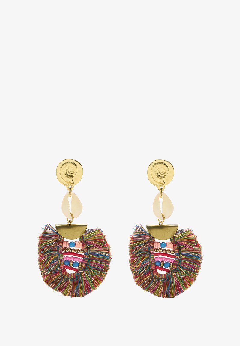 Kolorowe kolczyki z chwostami, z złotym wykończeniem, z półokrągłym szczytem, kremowymi akcentami oraz bogatymi detalami z koralików w żywych odcieniach.