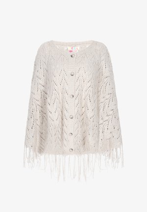 Šviesiai béžinė megzta pončo su atviru raštu, apvalia iškirpte, penkiais mygtukais priekyje ir kutais apatinėje dalyje.