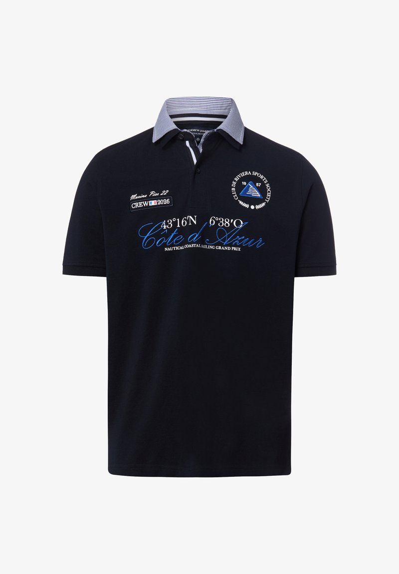 Granatowa koszulka polo z kołnierzykiem w paski, morską grafiką i napisami, w tym "Côte d'Azur" oraz współrzędnymi na przodzie.