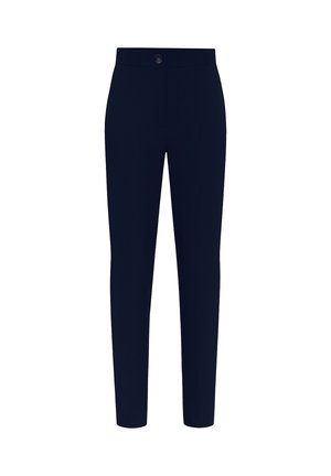 Pantaloni su misura blu navy realizzati in tessuto morbido, con chiusura a bottone in vita e gambe slim e dritte. Senza tasche né fantasie.
