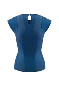 Blue fitted garment with a textured design, cap sleeves, and a back keyhole opening. Smooth fabric with varied patterns and accents.