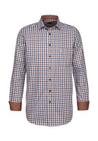 Camicia a bottone a quadri con quadrati marroni e blu, colletto e polsini marroni a contrasto; materiale in cotone; maniche lunghe; dettaglio con taschino frontale.