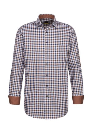 Karierte Hemd mit braunen und blauen Quadraten, kontrastierendem braunen Kragen und Manschetten; Baumwollmaterial; lange Ärmel; mit Fronttaschendetail.