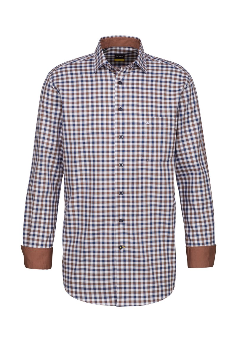 Camicia a bottone a quadri con quadrati marroni e blu, colletto e polsini marroni a contrasto; materiale in cotone; maniche lunghe; dettaglio con taschino frontale.