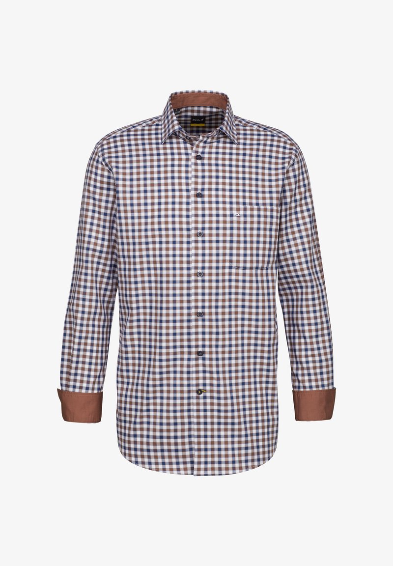 Camicia a bottone a quadri con quadrati marroni e blu, colletto e polsini marroni a contrasto; materiale in cotone; maniche lunghe; dettaglio con taschino frontale.