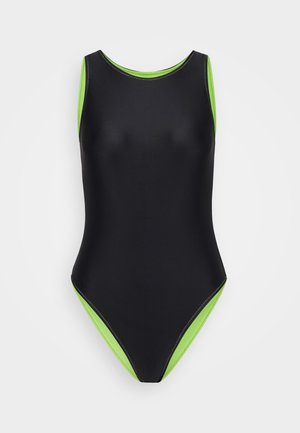 Svart baddräkt med limegröna detaljer och sömmar; har en rund halsringning och hög benöppning, tillverkad av ett mjukt, stretchigt material.