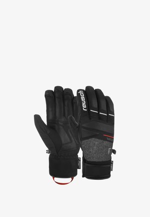 Schwarze isolierte Handschuhe mit Lederhandflächen und -fingern, Rückseite aus Softshell-Gewebe, verstellbare Handgelenkriemen und roten Akzenten.