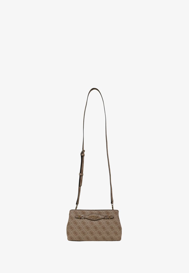 Borsa a tracolla in tessuto marrone con un motivo geometrico, accentuata da dettagli in oro. Dispone di una tracolla regolabile e ha una forma rettangolare.