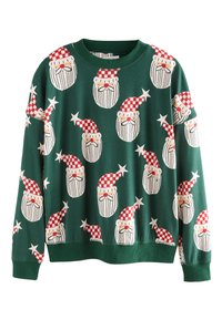 Zelená mikina so vzorom opakujúcich sa tvárí Santa Clausa, každá s červeno-bielou kockovanou čiapkou a bielymi bradami, doplnená hviezdičkovými akcentmi.