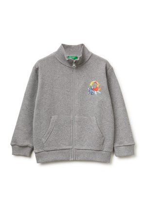 Grauer Kinder-Sweatshirt mit durchgehendem Reißverschluss, geripptem Kragen, Bündchen und Saum, Fronttaschen und farbenfrohem abstraktem Logo auf der linken Brust.