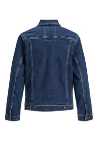 Tmavě modrá džínová bunda s límečkem, zadním švem a knoflíkovými manžetami. Obsahuje boční švy a dvě knoflíky na spodním lemu pro zapínání.