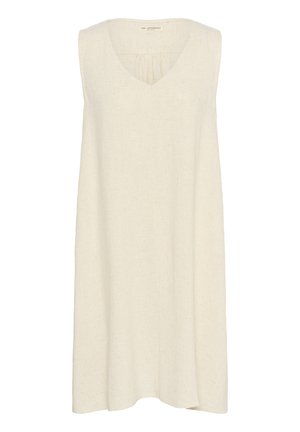 Vestido sin mangas color beige con escote en V, confeccionado en lino ligero. Presenta un detalle plisado en el escote y una silueta fluida.