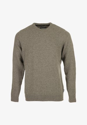 Men’s Barbour crew neck knitted sweater in olive green with long sleeves and ribbed cuffs and hem.