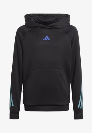 Czarna bluza z kapturem wykonana z miękkiego materiału. Posiada niebieskie triadyczne logo na klatce piersiowej oraz niebieskie paski wzdłuż rękawów. Kieszeń kangurza.