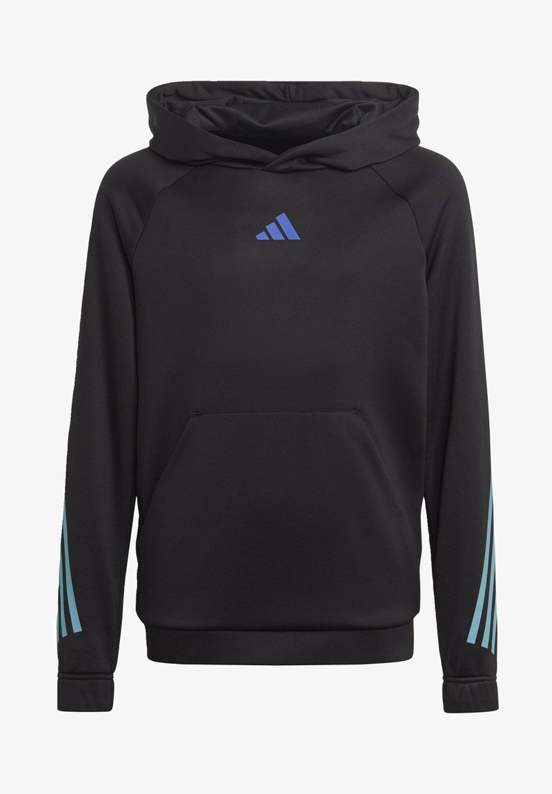 Svart huvtröja gjord av mjukt material. Har en blå triangular logo på bröstet och blå ränder längs ärmarna. Känguruficka.