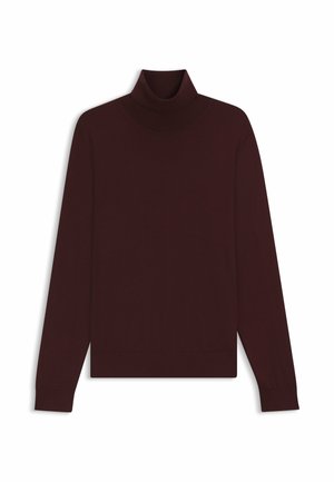 Burgundy polotröja med långa ärmar, tillverkad av mjukt stickat tyg. Har en figurnära silhuett och ribbad krage och manschetter.