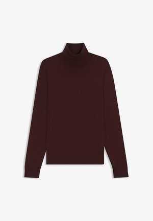 Burgundy turtleneck sweater with long sleeves, made of soft knit fabric. Features a fitted silhouette and ribbed collar and cuffs.