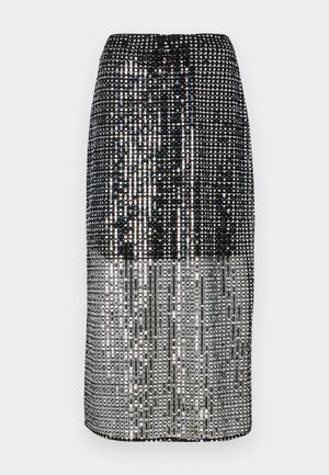 Gonna a matita nera e argento con paillettes, dalla texture lucida, caratterizzata da righe verticali di paillettes e una vita elasticizzata.