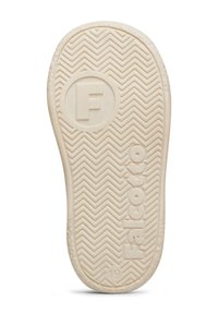 Suola di una scarpa per bambini color beige chiaro con la lettera "F" in un cerchio, il marchio "Falcotto" e il numero 19 su un motivo a spina di pesce.