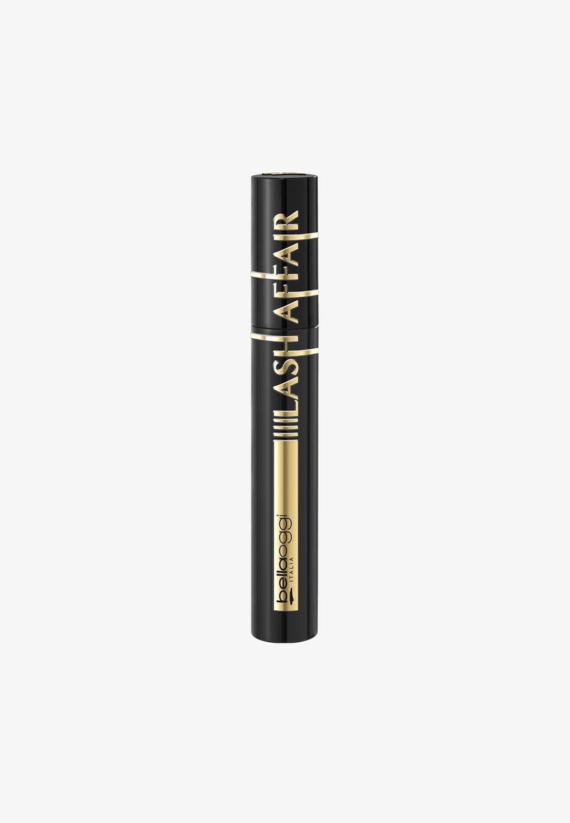 Tubo di mascara cilindrico nero con lettering dorato, che presenta "bellaggi" e "LASH AFFAIR." Texture liscia, senza modelli o accenti notevoli.