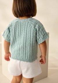 Helles blaues gestricktes Kurzarmoberteil mit strukturiertem Muster, gewelltem Saum und rundem Halsausschnitt, kombiniert mit weißen Shorts.