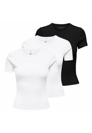 Drei eng anliegende T-Shirts mit Rundhalsausschnitt und kurzen Ärmeln in Schwarz und Weiß, von vorne nach hinten auf weißem Hintergrund geschichtet.