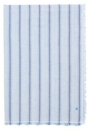 Hellblauer Stoff mit gleichmäßig angeordneten, vertikalen dunklen und mittleren blauen Streifen sowie ausgefransten Kanten an zwei Seiten.