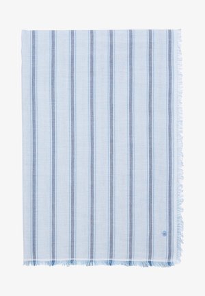 Tissu bleu clair avec des rayures verticales espacées uniformément en bleu foncé et moyen, avec des bords effilochés sur deux côtés.