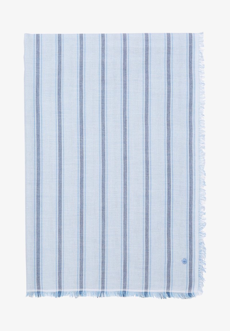 Tissu bleu clair avec des rayures verticales espacées uniformément en bleu foncé et moyen, avec des bords effilochés sur deux côtés.